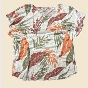 Orvis Classic Collection Tropical Leaf Print Top XXL Short Sleeve Linen Blend